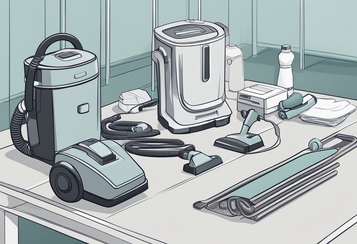 A vacuum cleaner and cleaning supplies are laid out on a tidy and organized table, ready to be used