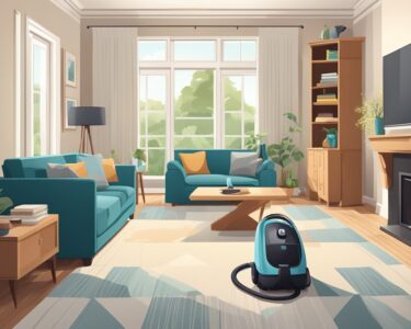 A vacuum cleaner sits in the middle of a tidy living room, surrounded by neatly arranged furniture and freshly dusted surfaces