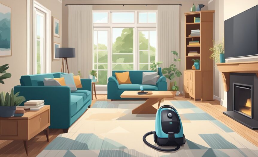 A vacuum cleaner sits in the middle of a tidy living room, surrounded by neatly arranged furniture and freshly dusted surfaces